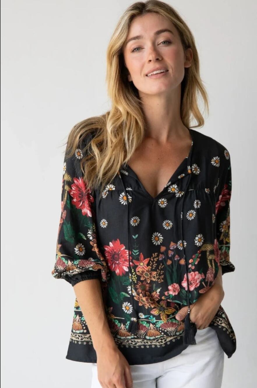 Natural Life Maribel Top XL Black Floral Mushroom Boho Tunic Blouse EUC